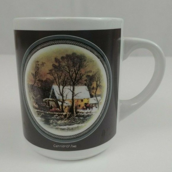 Vintage 1992 Currier & Ives Collectable Winter Scene Coffee Cup - Picture 1 of 7